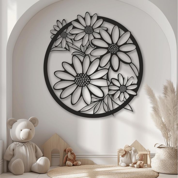 Daisy Bloom Metal Wall Art – Round Floral Silhouette Decor